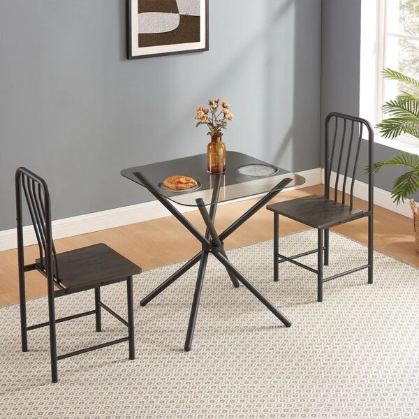 Dining Set For 2, Square Glass Tempered Dining Table With 4 Legs And 2 Metal Chair For Home Office Kitchen Dining Room