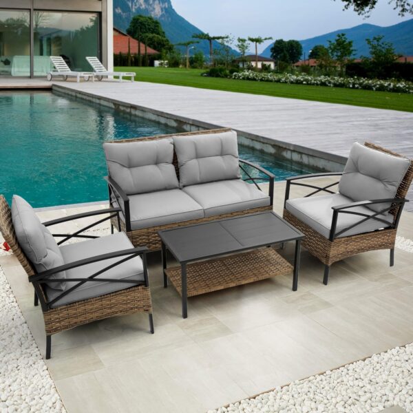 0256ed93-d938-43dc-a580-b53783cbb377.jpg 4-Piece Rattan Wicker Patio Sectional Set - Outdoor Garden Furniture