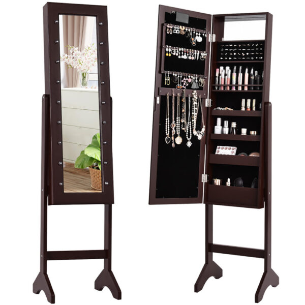 Mirrored Standing Jewelry Armoire Cabinet With LED Lights