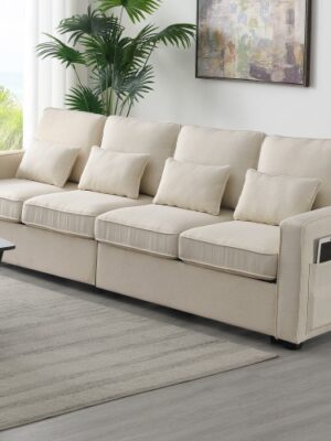 Modern Linen Fabric Sofa with Armrest Pockets & Pillows - Minimalist 3-Seater Couch