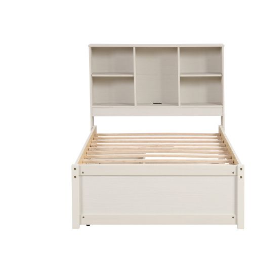 Modern Twin Size Bed Frame With Built-in USB Port On Bookcase Headboard And 2 Drawers