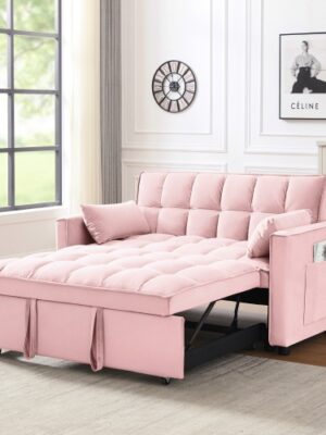 3-in-1 Velvet Loveseat Futon Sofa - Pullout Bed with Reclining Back & Storage Pockets