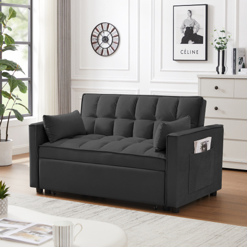 1927967276376788992.jpg Modern Black Velvet Loveseat Futon, 3-in-1 Convertible Sofa Bed with Pullout & Reclining Back