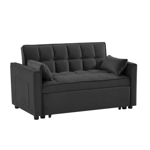 1927967277697994752.jpg Modern Black Velvet Loveseat Futon, 3-in-1 Convertible Sofa Bed with Pullout & Reclining Back