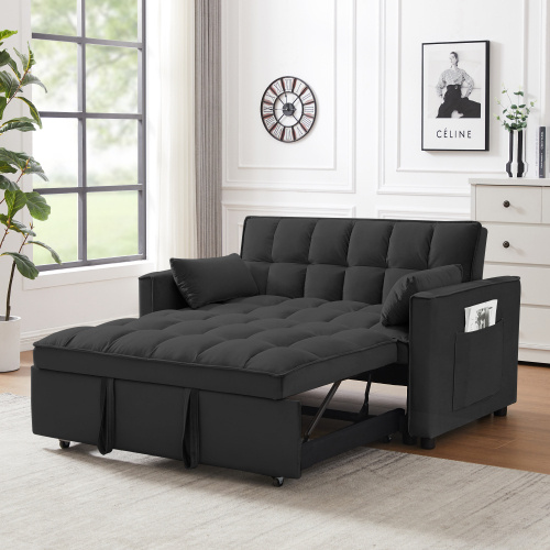 1927967282760519680.jpg Modern Black Velvet Loveseat Futon, 3-in-1 Convertible Sofa Bed with Pullout & Reclining Back