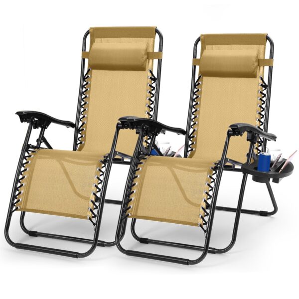 2-Pack Zero Gravity Lounge Chairs with Trays and Pillows Foldable 330lbs