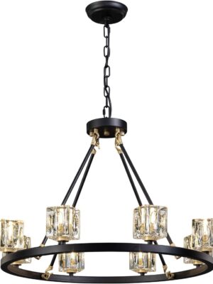 8-Light Black Wagon Wheel Crystal Chandelier – Adjustable Farmhouse Pendant