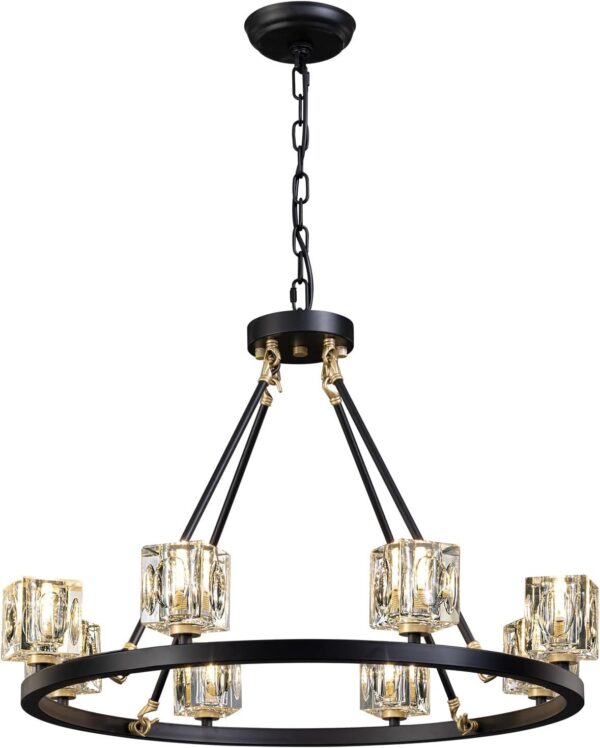 8-Light Black Wagon Wheel Crystal Chandelier – Adjustable Farmhouse Pendant