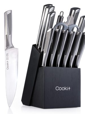 15-Piece German Stainless Steel Kitchen Knife Set with Block & Sharpener