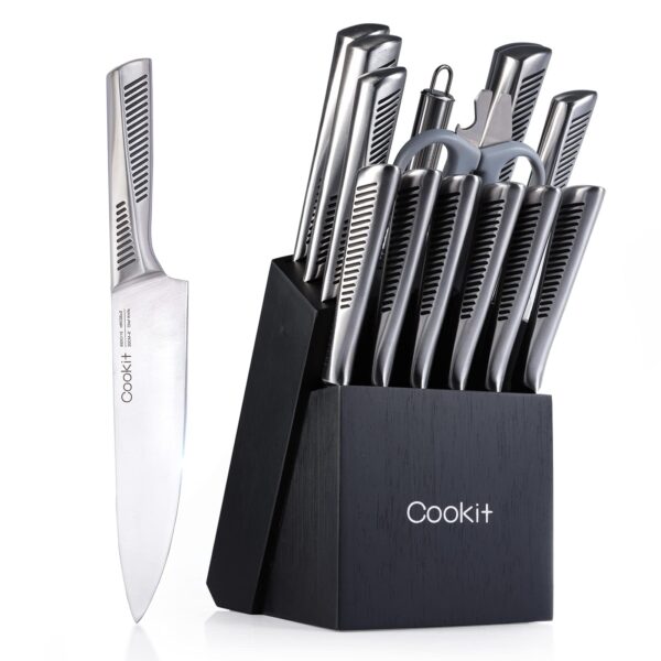 15-Piece German Stainless Steel Kitchen Knife Set with Block & Sharpener