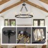 8-Light Black Wagon Wheel Crystal Chandelier – Adjustable Farmhouse Pendant