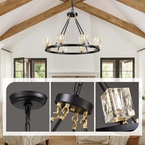 8-Light Black Wagon Wheel Crystal Chandelier – Adjustable Farmhouse Pendant