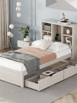 Modern Twin Size Bed Frame With Built-in USB Port On Bookcase Headboard And 2 Drawers