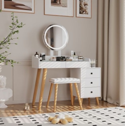 LED Glass Top Dressing Table with Mirror, 5 Drawers & Extendable Side, Includes Stool