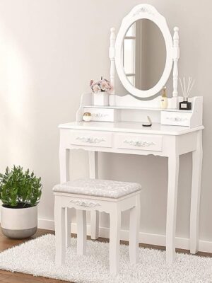Vanity Table Set with Oval Mirror, 4 Drawers & Cushioned Stool for Bedroom