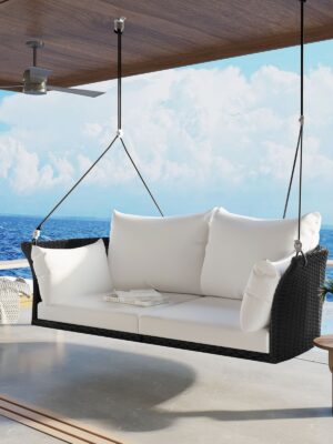 GO 51.9" 2-Person Rattan Swing Chair – Black Wicker Hanging Porch Seat
