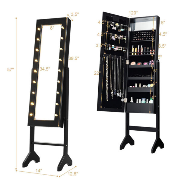 Mirrored Standing Jewelry Armoire Cabinet With LED Lights