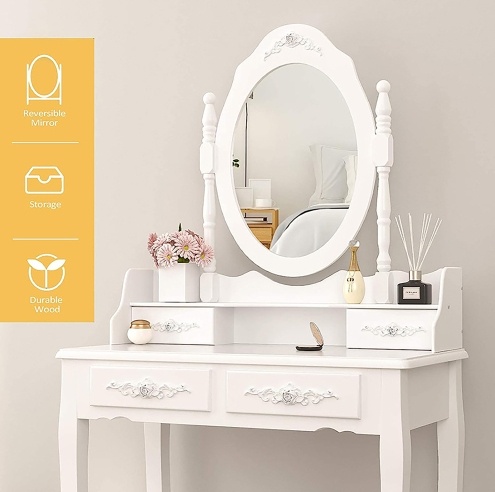 456dc718-c925-4d2c-b77f-d7a4635b9805.jpg Vanity Table Set with Oval Mirror, 4 Drawers & Cushioned Stool for Bedroom
