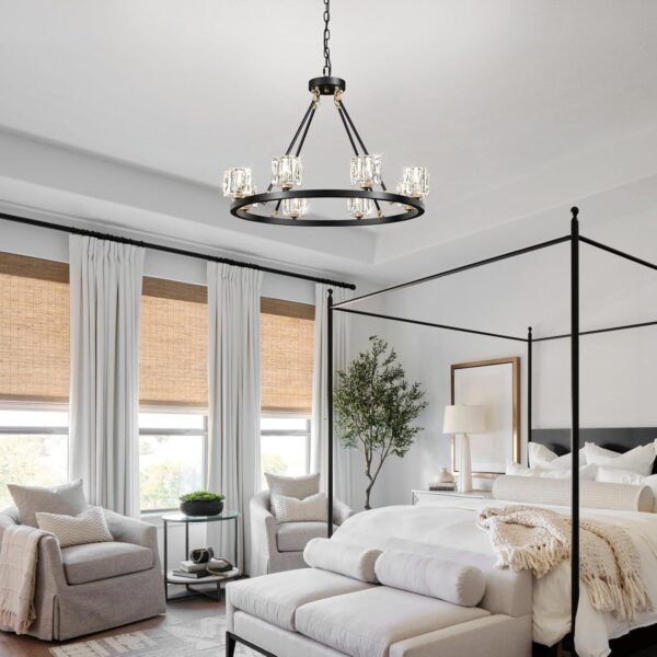 8-Light Black Wagon Wheel Crystal Chandelier – Adjustable Farmhouse Pendant