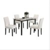 White Color Wool Fabric Chairs Faux Marble Top Table 5pc Dining Set Kitchen Dinette Cushions Upholstered 4x Chairs Dining Room