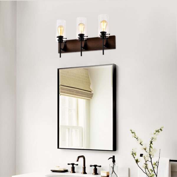 4bcfe497-9021-4ddb-8aa6-1ea7eee75916.jpg DOMETOUR 3-Light Black & Wood Vanity Light – Modern Glass Shade Bathroom Fixture