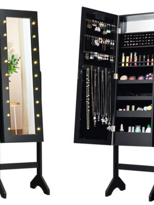 Mirrored Standing Jewelry Armoire Cabinet With LED Lights