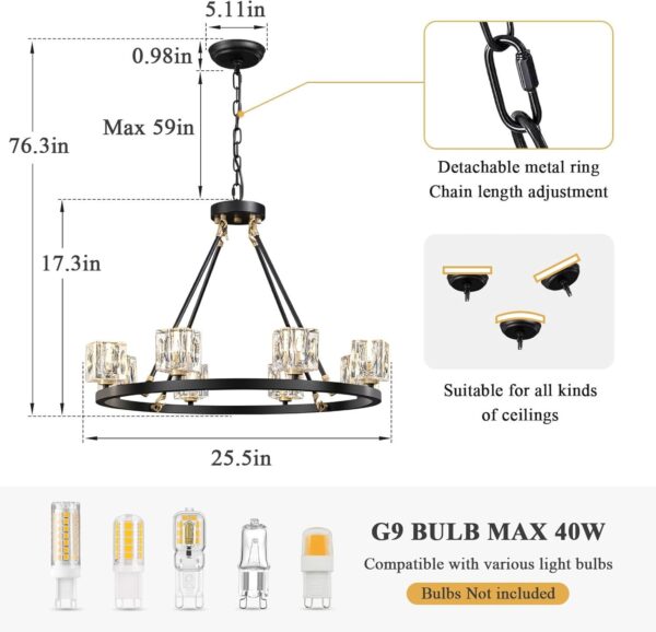 8-Light Black Wagon Wheel Crystal Chandelier – Adjustable Farmhouse Pendant