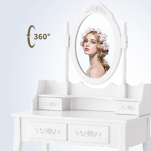 577f372b-84a5-48ec-baf6-3d32bf482286.jpg Vanity Table Set with Oval Mirror, 4 Drawers & Cushioned Stool for Bedroom