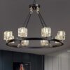 8-Light Black Wagon Wheel Crystal Chandelier – Adjustable Farmhouse Pendant