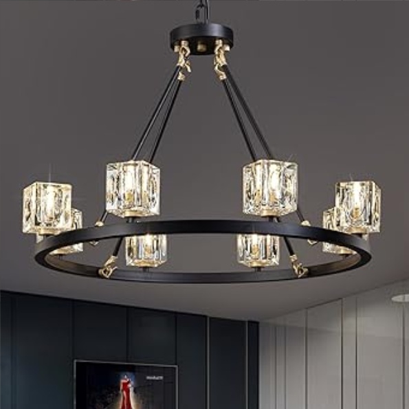 8-Light Black Wagon Wheel Crystal Chandelier – Adjustable Farmhouse Pendant