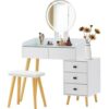 LED Glass Top Dressing Table with Mirror, 5 Drawers & Extendable Side, Includes Stool