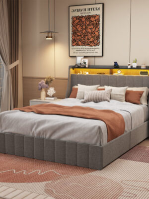 Full Size Bed Frame With LED, 4 Under-bed Portable Storage Drawers, Wings Headboard Design, Light Grey