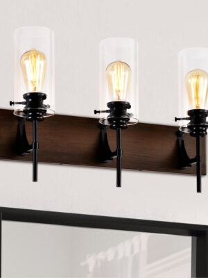 DOMETOUR 3-Light Black & Wood Vanity Light – Modern Glass Shade Bathroom Fixture