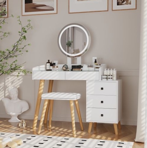 LED Glass Top Dressing Table with Mirror, 5 Drawers & Extendable Side, Includes Stool