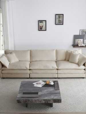 Mid-Century Modern Couch 3-Seater Sofa With 2 Armrest Pillows And 3 Toss Pillows, Couch For Living Room