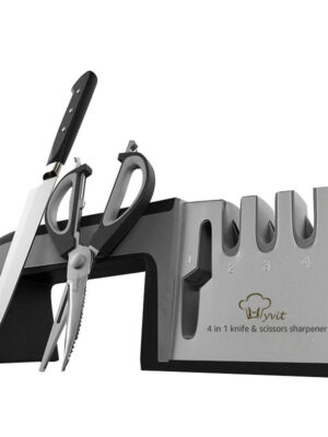 A Four-in-one Family Uses A Sharpener To Sharpen A Kitchen Knife