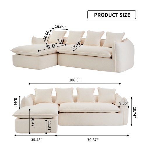 Oversized L-Shape 3-Seater Sofa with Chaise - Deep Seat Sleeper Sectional (Left-Facing)