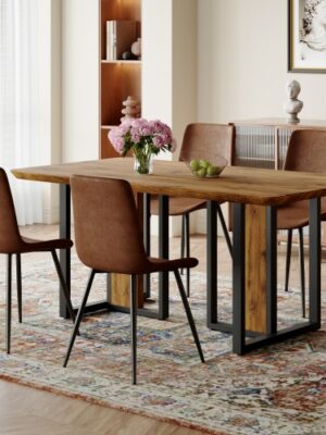 67"x36" Wood-Textured Dining Table Set with 4 Brown Suede Chairs