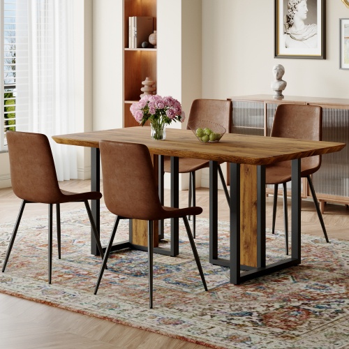 67"x36" Wood-Textured Dining Table Set with 4 Brown Suede Chairs