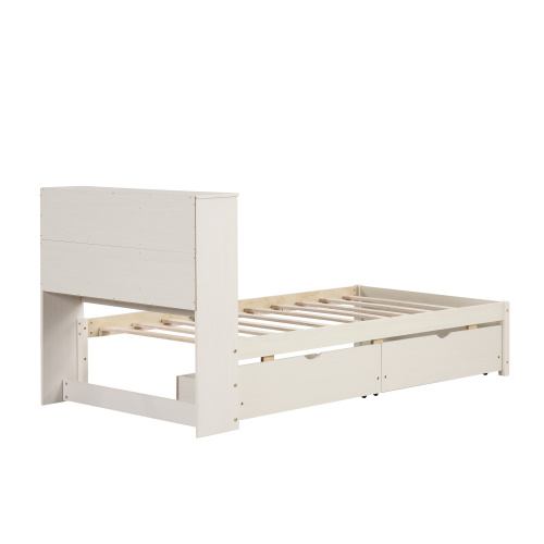 Modern Twin Size Bed Frame With Built-in USB Port On Bookcase Headboard And 2 Drawers