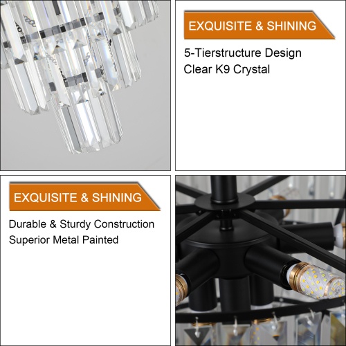 Large Black Crystal Chandelier - Contemporary Ceiling Light for Dining & Living Room