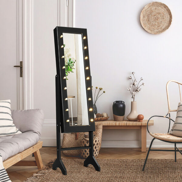Mirrored Standing Jewelry Armoire Cabinet With LED Lights