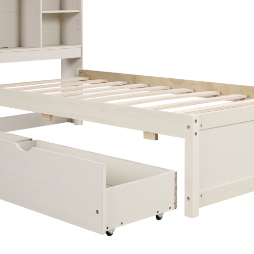 Modern Twin Size Bed Frame With Built-in USB Port On Bookcase Headboard And 2 Drawers