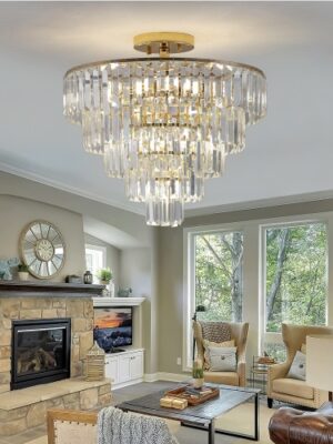 Golden 5-Layer Crystal Chandelier – Luxury Semi-Recessed Ceiling Light