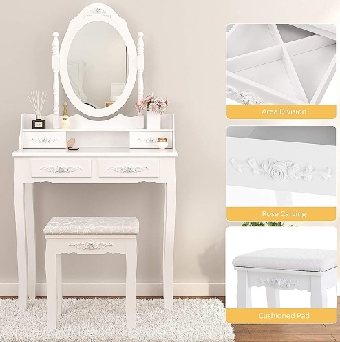a1d568bb-4c18-4576-962d-e76e52c4be35.jpg Vanity Table Set with Oval Mirror, 4 Drawers & Cushioned Stool for Bedroom