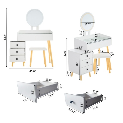 LED Glass Top Dressing Table with Mirror, 5 Drawers & Extendable Side, Includes Stool