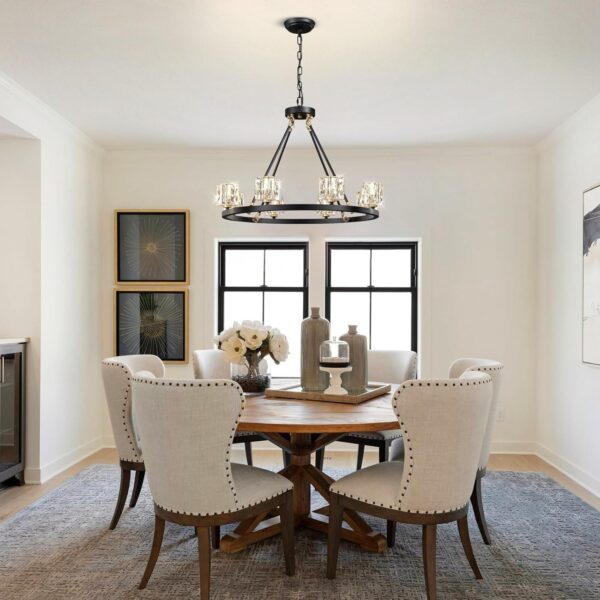 8-Light Black Wagon Wheel Crystal Chandelier – Adjustable Farmhouse Pendant