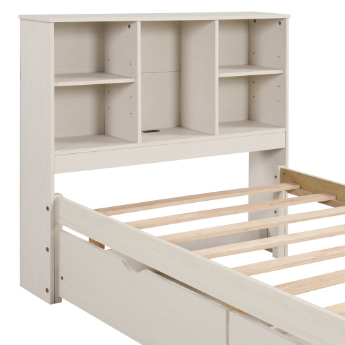 Modern Twin Size Bed Frame With Built-in USB Port On Bookcase Headboard And 2 Drawers