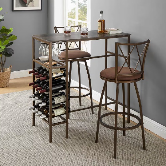 3-Piece Bar Table Set - Retro Brown Chairs for Kitchen & Dining Room