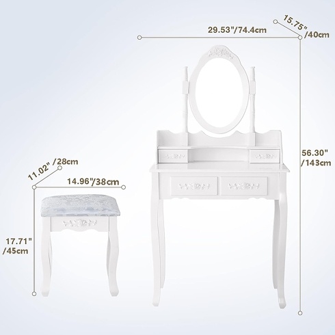 b217ea75-b568-4f29-b20d-f5247f510c6b.jpg Vanity Table Set with Oval Mirror, 4 Drawers & Cushioned Stool for Bedroom